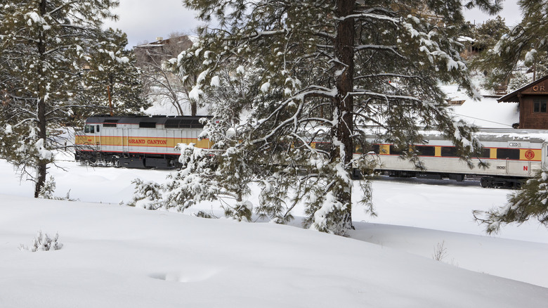 The Grand Canyon Railroad chugs through snow and trees in Arizona