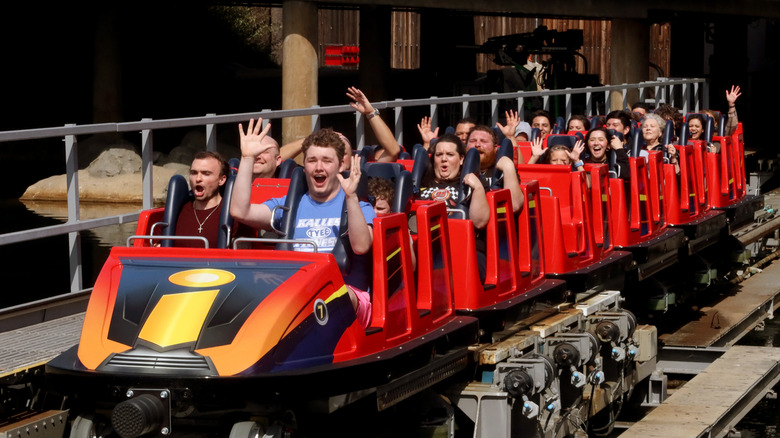 Riders on the Incredibles roller coaster at Disney's California Adventure.