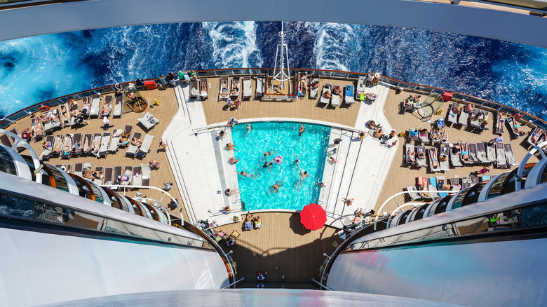 Aerial view of a cruise ship pool deck